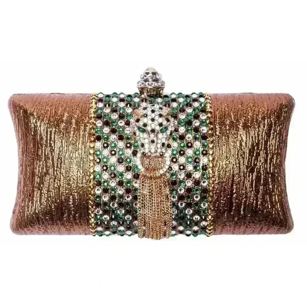 Mercedes Brunelli Jeweled Clutch Bag Swarovski Wild Cat Tassel Bronze NWT $858